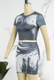 Grey Casual Print Basic O Neck Short Sleeve Two Pieces (Without Belt)
