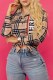 Khaki Elegant Striped Print Patchwork Letter Turndown Collar Tops