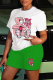 White Green Casual Print Patchwork O Neck Short Sleeve Two Pieces