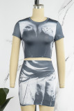 Grey Casual Print Basic O Neck Short Sleeve Two Pieces (Without Belt)