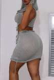 Grey Sexy Solid Asymmetrical Hooded Collar Sleeveless Two Pieces