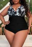 Black Sexy Print Patchwork Backless V Neck Plus Size Swimwear (With Paddings)