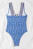 Blue Sexy Print Hollowed Out Backless Swimwears (With Paddings)