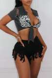 Grey Sexy Casual Print Frenulum Tops