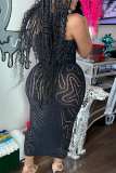 Black Sexy Casual Solid Hollowed Out See-through Oblique Collar Sleeveless Dress Dresses