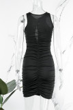 Orange Red Sexy Casual Solid Hollowed Out Fold O Neck Sleeveless Dress Dresses
