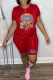 Red Casual Character Print Letter O Neck Short Sleeve Two Pieces
