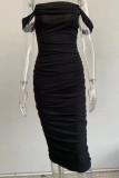 Black Elegant Solid Patchwork Fold Strapless Sheath Dresses