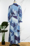 Blue Casual Print Patchwork Turndown Collar Long Dress Dresses