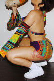 Colour Sexy Print Patchwork Frenulum Backless Halter Sleeveless Two Pieces(Three Pieces)