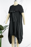 Black Casual Solid Patchwork Pocket O Neck Straight Short Sleeve Dress