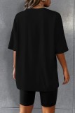 Black Casual Print Basic O Neck Short Sleeve Two Pieces