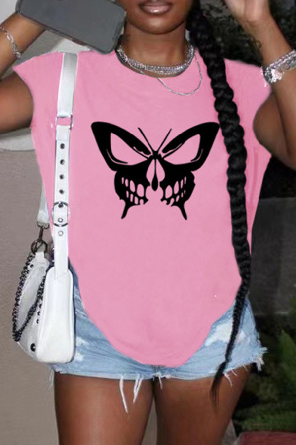 Pink Casual Print Slit O Neck T-Shirts