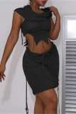 Grey Sexy Solid Asymmetrical Hooded Collar Sleeveless Two Pieces