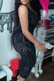 Black Sexy Casual Solid Hollowed Out See-through Oblique Collar Sleeveless Dress Dresses