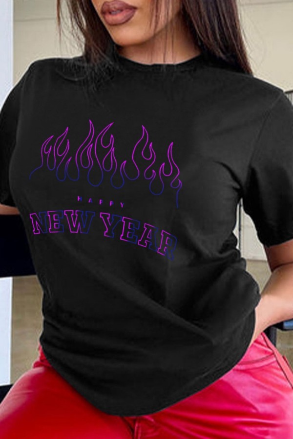 Black Casual Print Basic O Neck T-Shirts