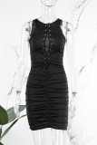 Orange Red Sexy Casual Solid Hollowed Out Fold O Neck Sleeveless Dress Dresses