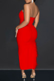 Red Sexy Solid Patchwork Backless Slit Strapless Long Dress Dresses