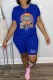 Blue Casual Character Print Letter O Neck Short Sleeve Two Pieces