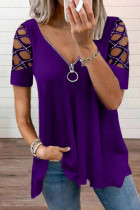 Purple Casual Solid Hollowed Out Patchwork Hot Drill V Neck T-Shirts