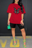 Red Casual Print Basic O Neck Short Sleeve Two Pieces