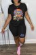 Black Casual Character Print Letter O Neck Short Sleeve Two Pieces