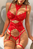 Burgundy Sexy Solid Lace Patchwork See-through Lingerie