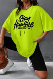 Fluorescent Green Casual Print Basic O Neck Short Sleeve Two Pieces
