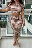 Camouflage Casual Camouflage Print Basic Turtleneck Short Sleeve Two Pieces