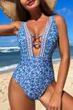 Blue Sexy Print Hollowed Out Backless Swimwears (With Paddings)