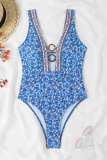 Blue Sexy Print Hollowed Out Backless Swimwears (With Paddings)