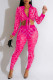 Rose Red Sexy Patchwork Hot Drilling See-through Turndown Collar Long Sleeve Two Pieces