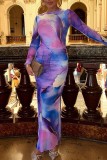 Purple Casual Print Basic O Neck Long Sleeve Dresses