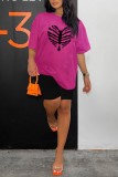 Rose Red Black Casual Print Basic O Neck Short Sleeve Two Pieces