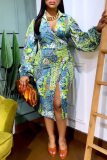 Green Casual Daily Elegant Simplicity Asymmetrical Printing Contrast Shirt Collar Long Sleeve Dresses