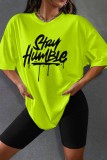 Fluorescent Green Casual Print Basic O Neck Short Sleeve Two Pieces