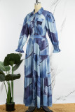 Blue Casual Print Patchwork Turndown Collar Long Dress Dresses