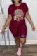 Burgundy Casual Character Print Letter O Neck Short Sleeve Two Pieces