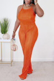 Rose Red Casual Solid Fold Reflective Spaghetti Strap Sleeveless Two Pieces