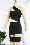 Black Sexy Solid Hollowed Out Fold Oblique Collar One Step Skirt Dresses