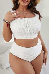 White Sexy Solid Backless Square Collar Plus Size Swimwear (With Paddings)