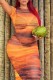 Orange Sexy Print See-through Slit O Neck Short Sleeve Dress