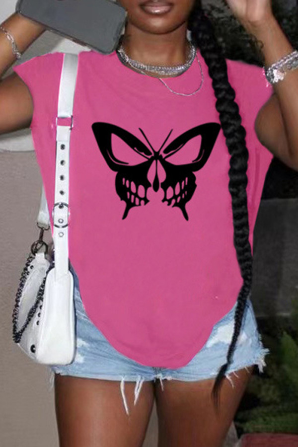 Rose Red Casual Print Slit O Neck T-Shirts