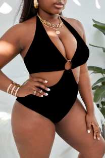 Black Sexy Print Solid Backless Halter Plus Size Swimwear (With Paddings)