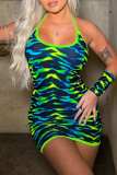 Orange Sexy Print Backless U Neck Sling Dress (With Sleeves)