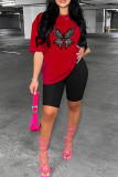 Red Casual Print Basic O Neck Short Sleeve Two Pieces
