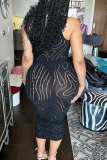 Black Sexy Casual Solid Hollowed Out See-through Oblique Collar Sleeveless Dress Dresses