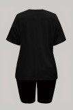 Black Casual Print Basic O Neck Short Sleeve Two Pieces