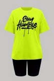 Fluorescent Green Casual Print Basic O Neck Short Sleeve Two Pieces