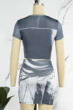 Grey Casual Print Basic O Neck Short Sleeve Two Pieces (Without Belt)
